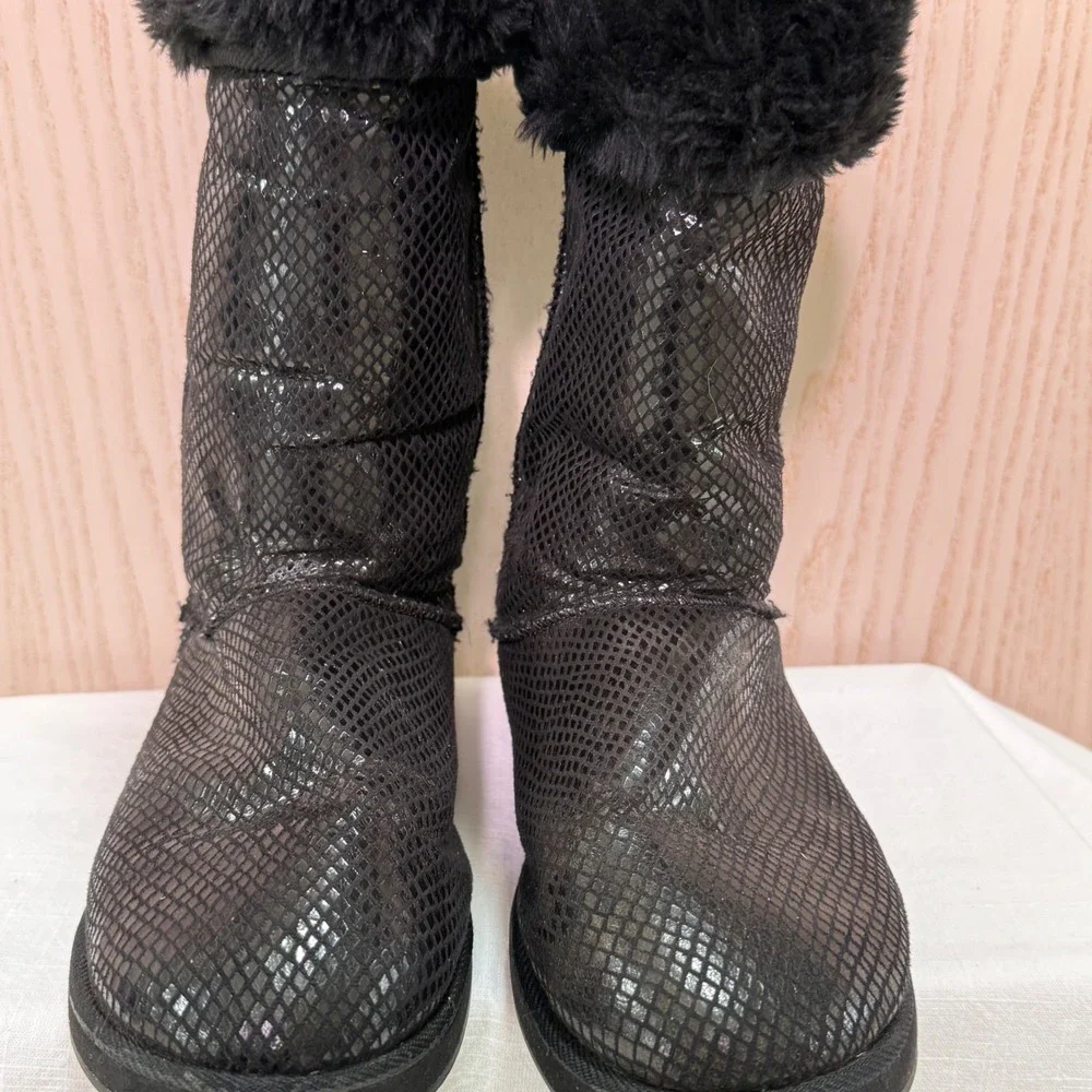 Black Faux Fur Trimmed Glitter faux Snakeskin Winter Boots Women Size‎ 7